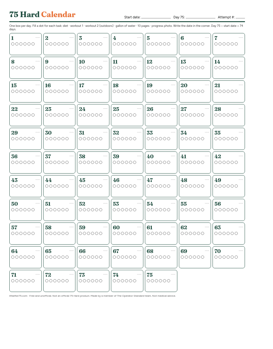 Preview of a free printable 75 Hard calendar with 75 day boxes and six task dots in each