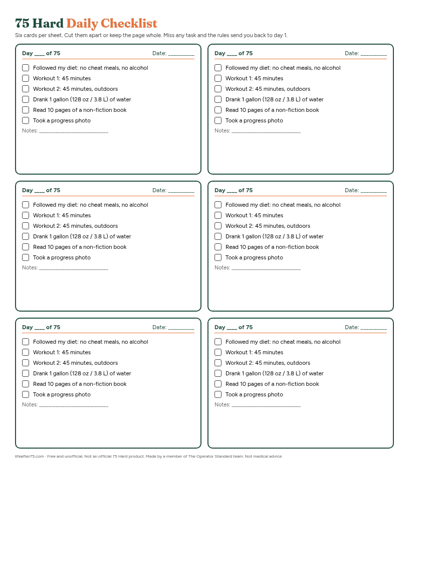 Preview of free printable 75 Hard daily checklist cards with six tick boxes per day