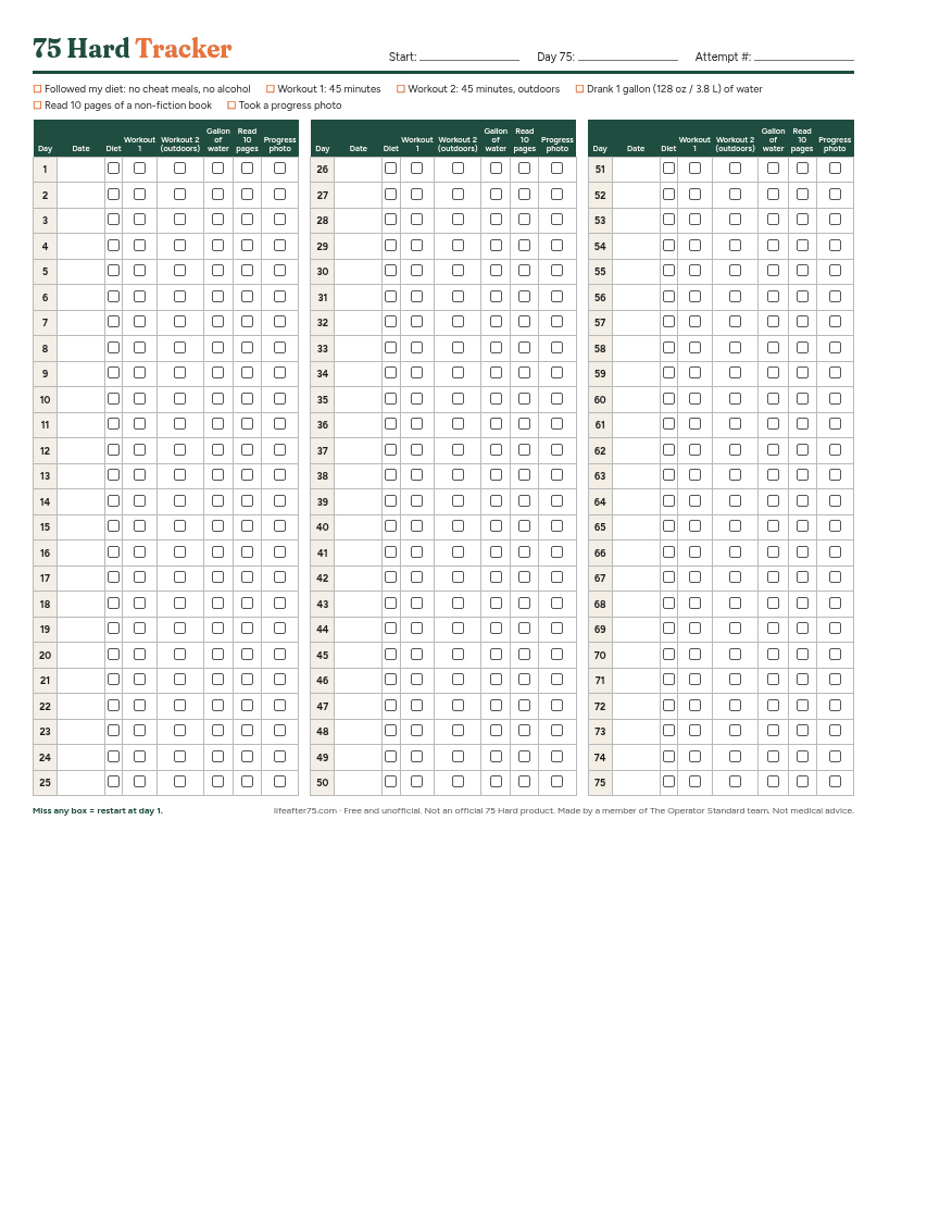 Preview of the free one-page 75 Hard tracker printable with 75 numbered days and six checkboxes per day